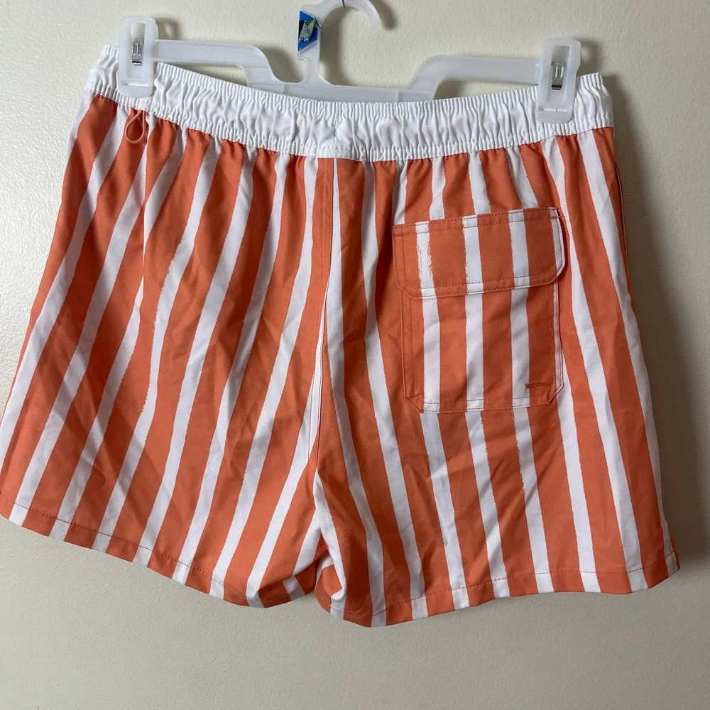 Goodfellow & Co Mens Orange White Striped Swim Trunks Mesh Lining Board Shorts M